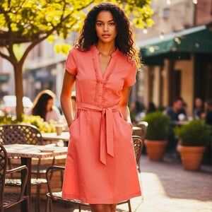 H&M Women’s Shirt Dress Size 8 Coral Belted Button Front Pockets NWOT